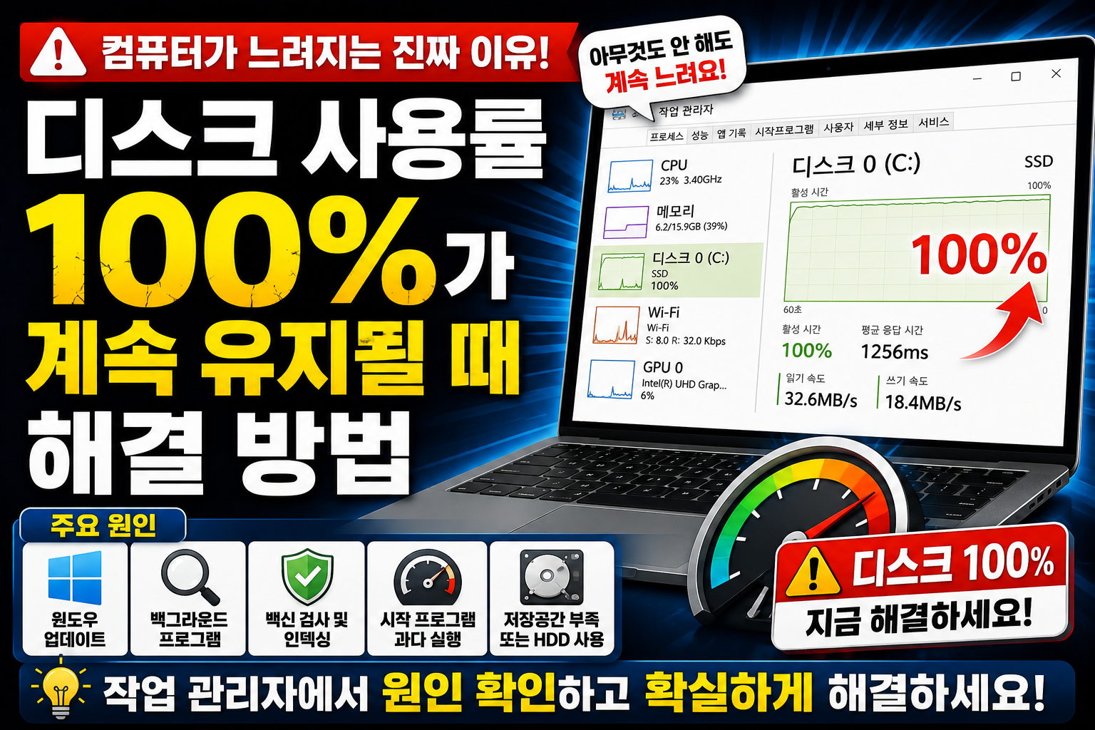 윈도우 디스크 사용률이 100%로 유지되는 원인과 해결 방법