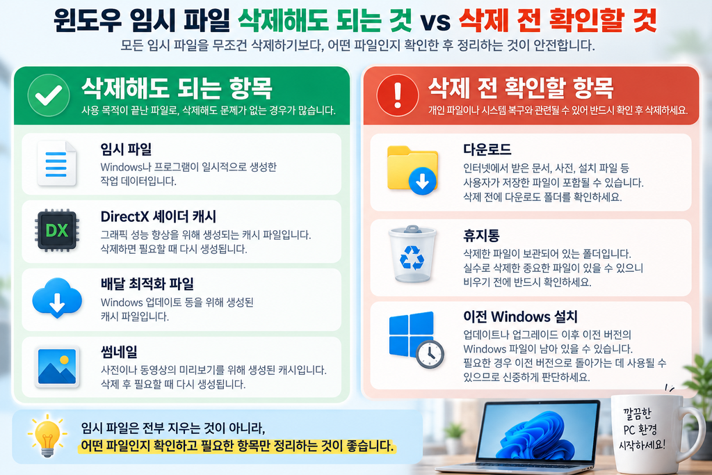 윈도우 임시 파일 삭제해도 되는 항목과 삭제 전 확인할 항목