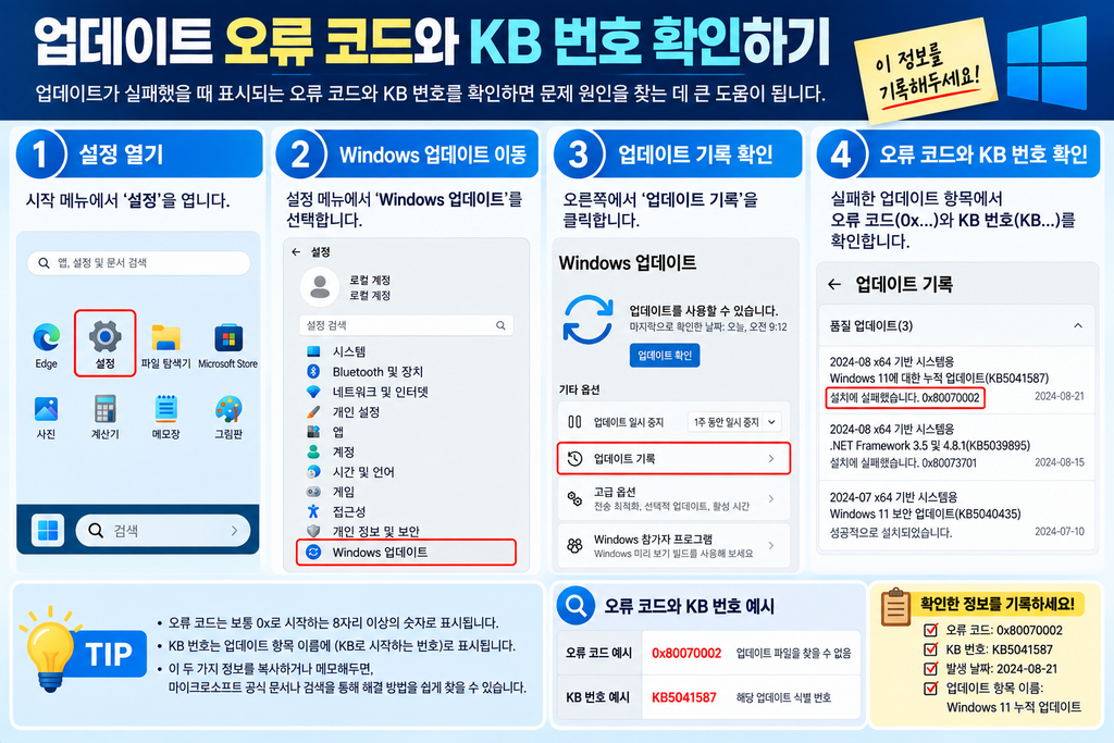 윈도우 업데이트 오류 코드와 KB 번호 확인하는 방법