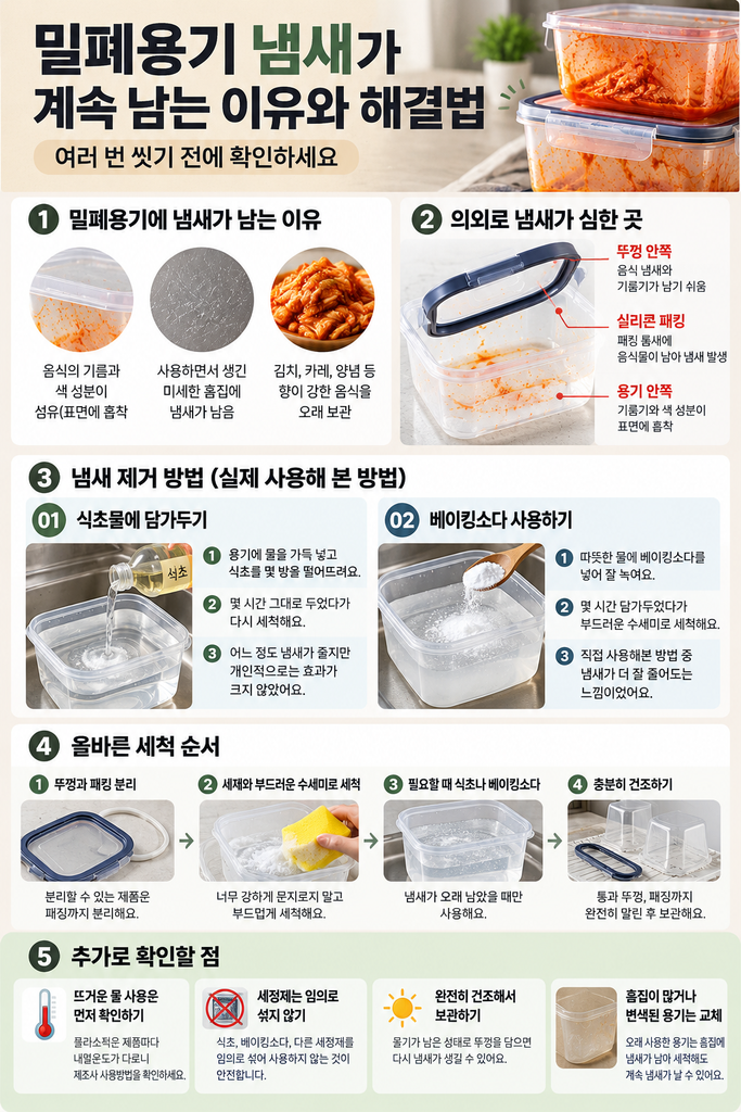 밀폐용기 냄새가 남는 이유와 식초 베이킹소다 세척 방법