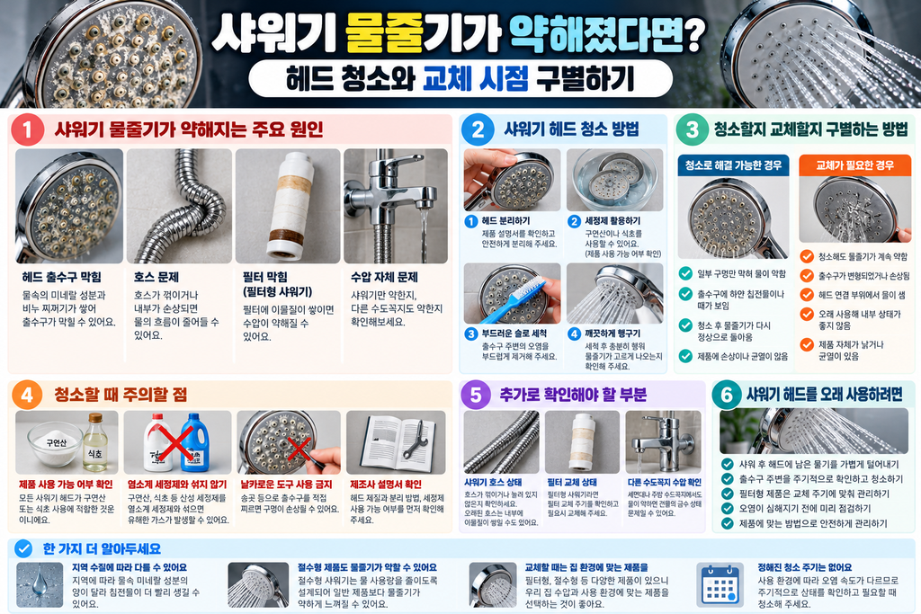 샤워기 물줄기가 약해지는 원인과 헤드 청소 방법, 교체 시점 비교 인포그래픽