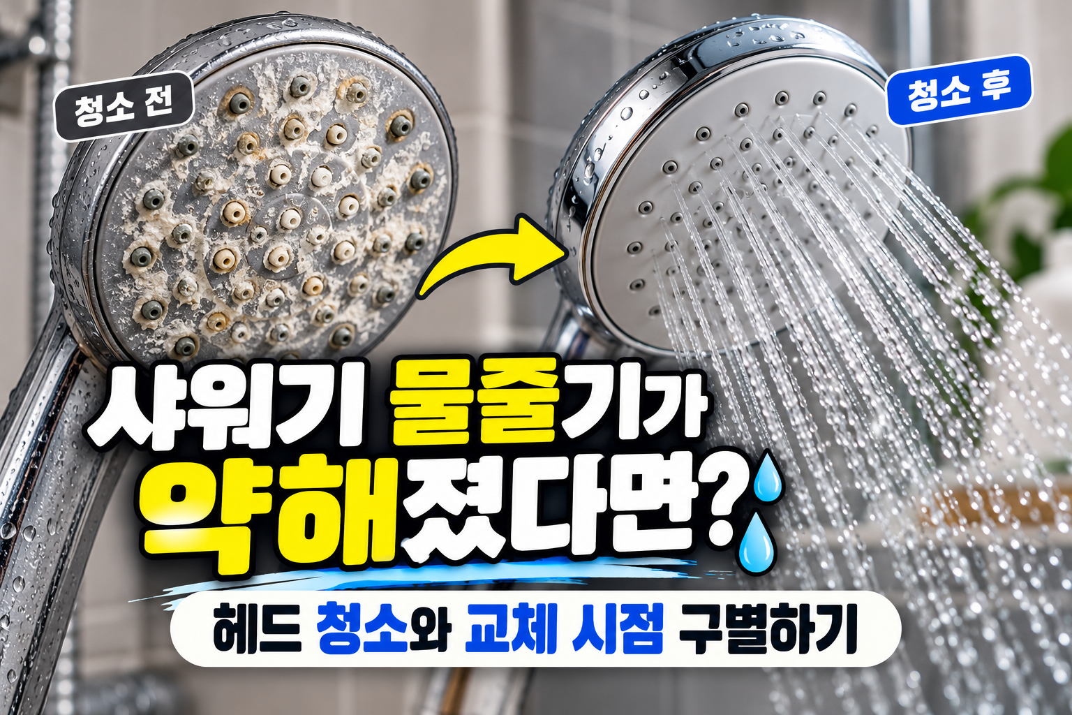 샤워기 물줄기 청소 전후 비교