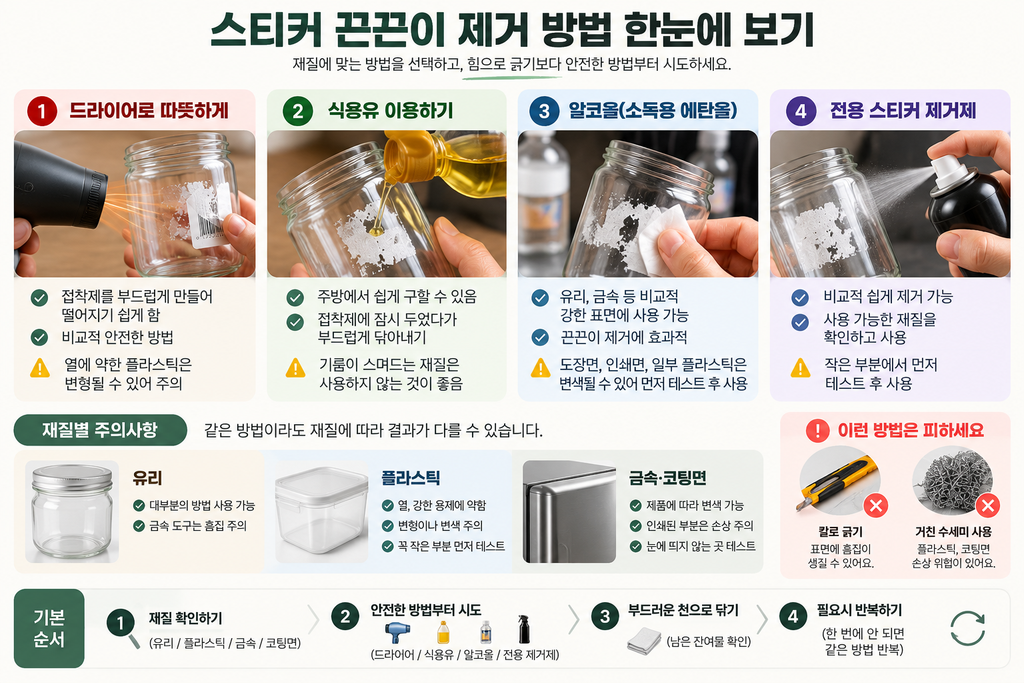 스티커 끈끈이 제거 방법과 유리 플라스틱 금속 재질별 주의사항