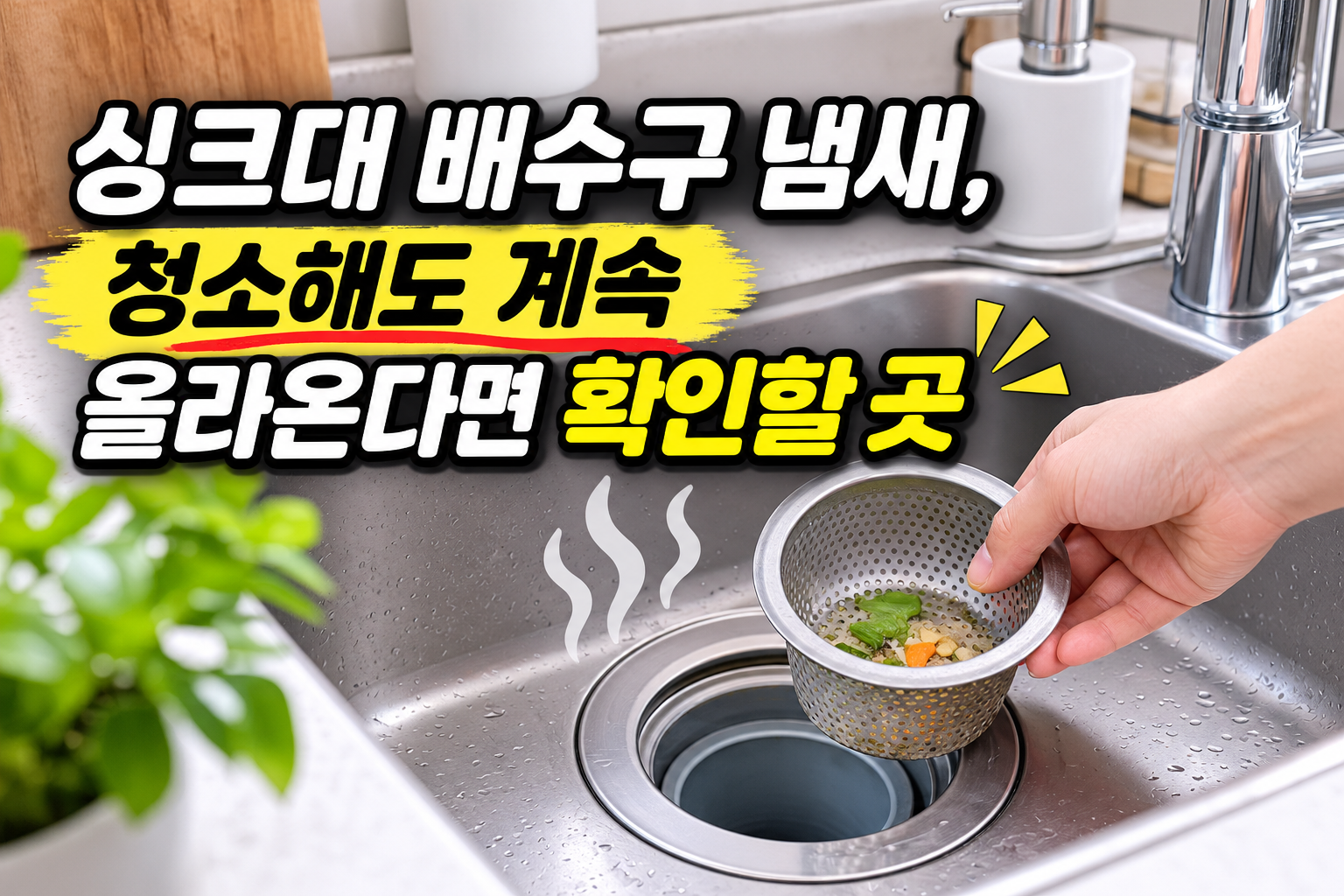 싱크대 배수구 냄새 원인과 청소 후 확인할 부분을 안내하는 주방 싱크대 이미지