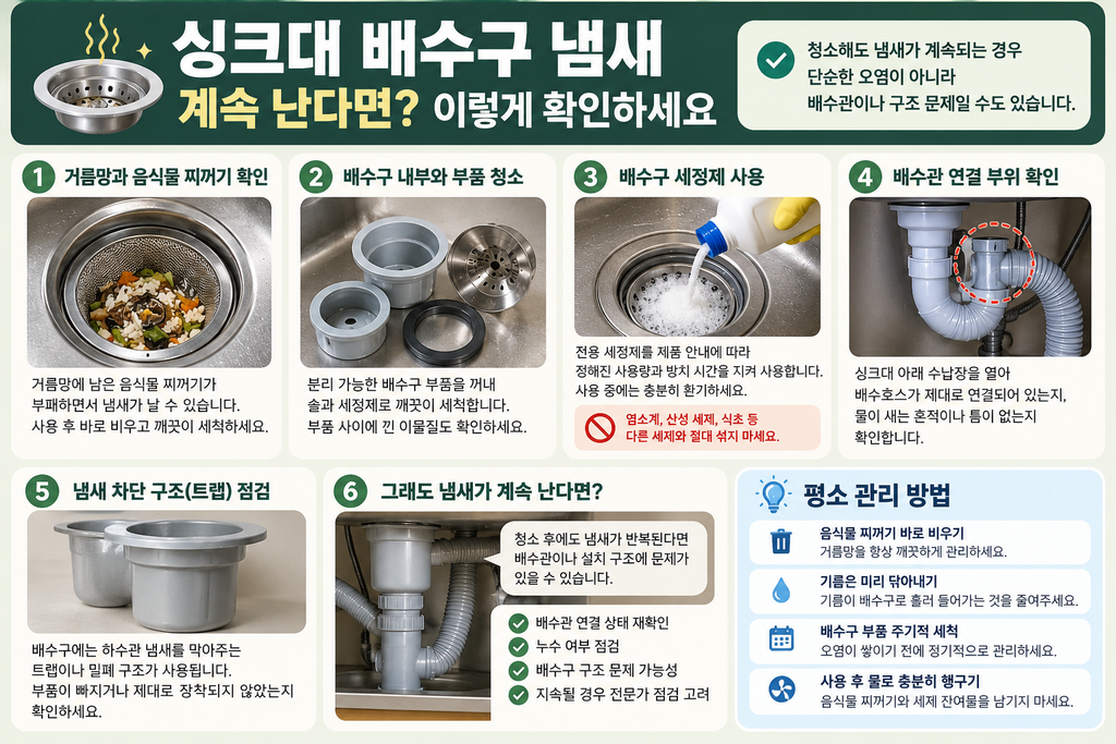 싱크대 배수구 냄새 원인과 거름망 청소, 배수관 연결 및 트랩 점검 방법