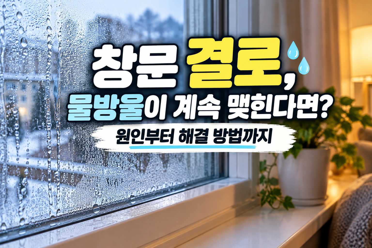 겨울철 창문 유리에 결로로 인한 물방울이 맺혀 있는 모습